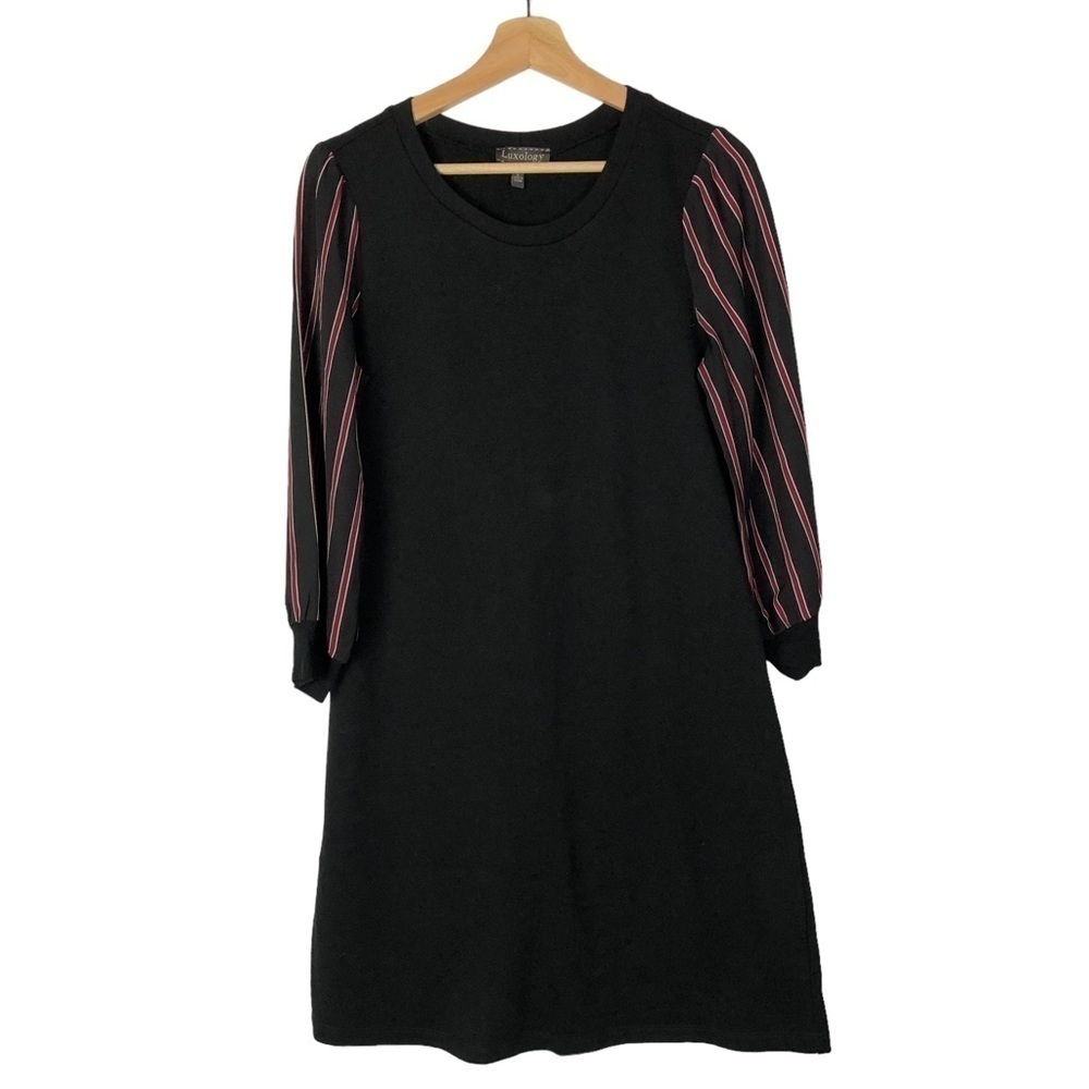 Luxology Black Red Stripe Long‎ Sleeve Shift Mini Dress S